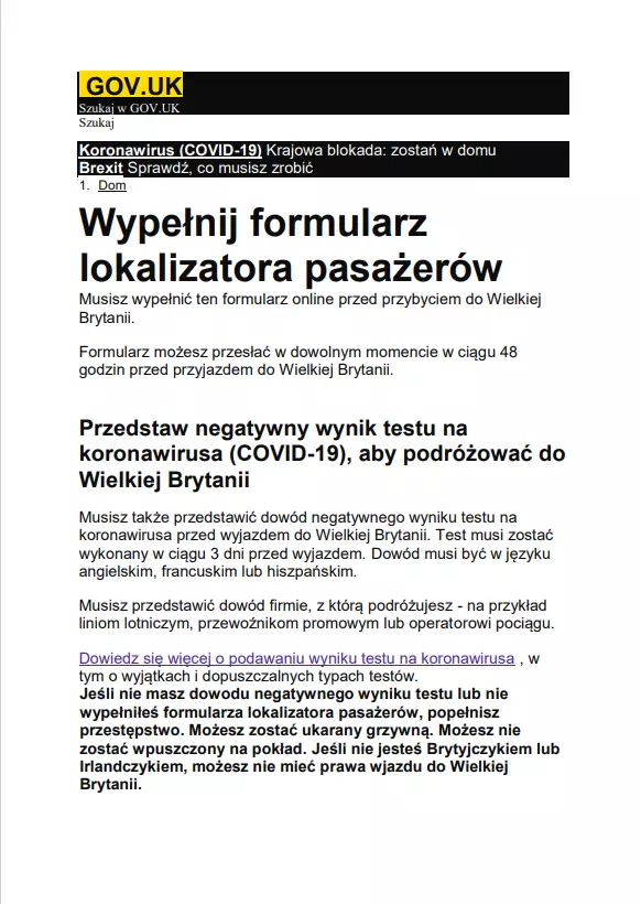 Formularz lokalizacyjny na wjazd do Anglii UK Polski po polsku Polska